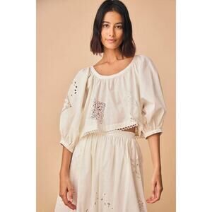 Hunter Bell Daisy Cropped Blouse Top White Eyelet Peasant Cottagecore Small